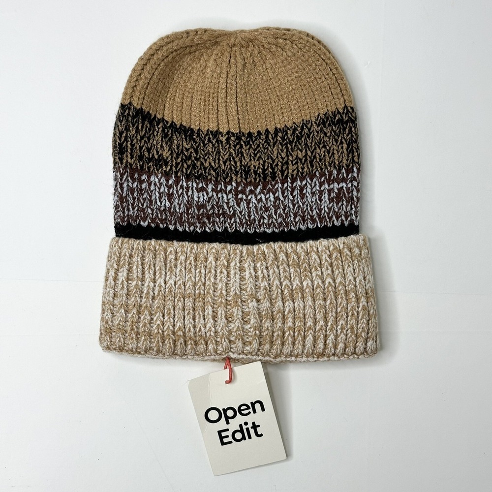 Open Edit Ribbed Beanie Black Combo Striped Knit Hat Cuffed Neutral Grunge NWT